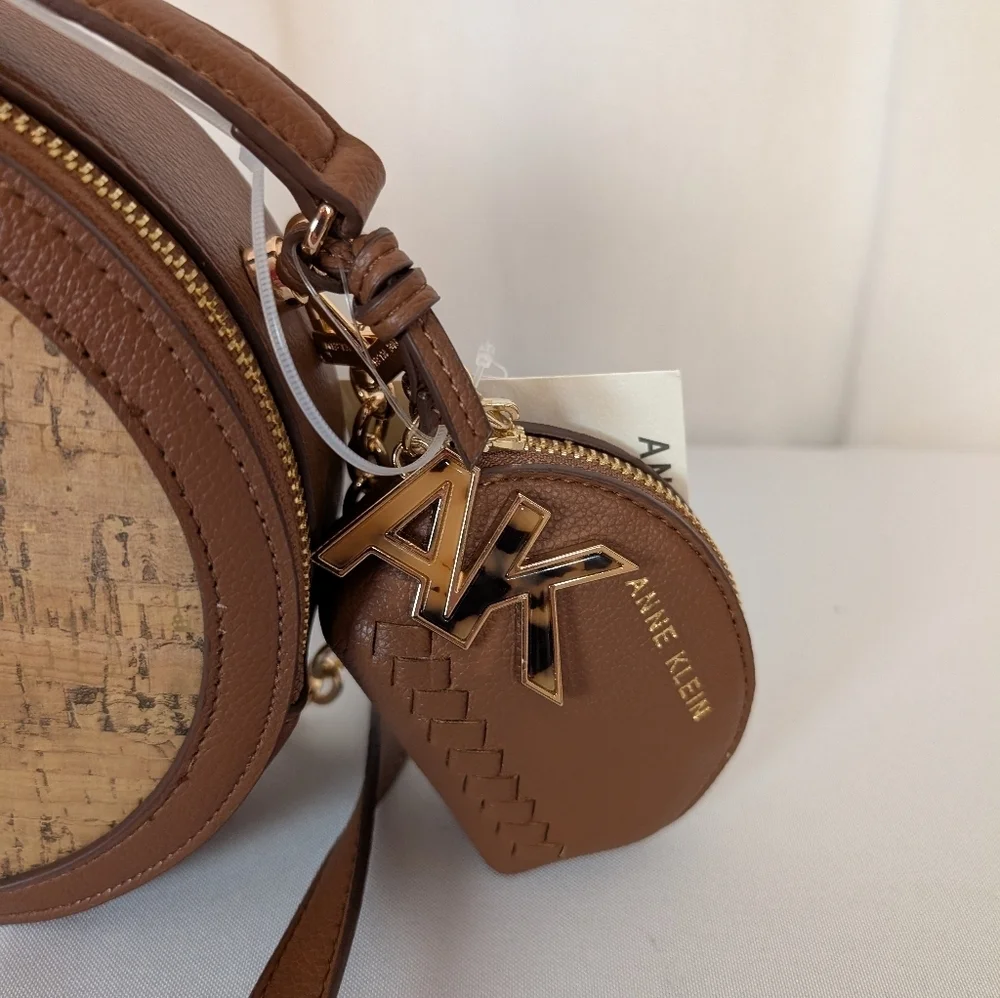 Anne Klein Brown And Gold Cork Circle Round Crossbody Bag